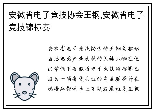 安徽省电子竞技协会王钢,安徽省电子竞技锦标赛